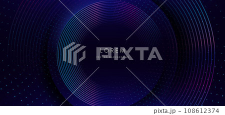 Abstract technology futuristic neon blue and pink circle lines with glitter light and glowing effect on dark blue background. 108612374