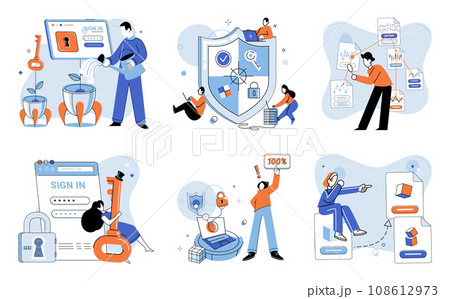 Cyber security vector illustration. The digital realm necessitates stringent privacy and information security measures Safety in cyberspace requires implementation secure technologies The lock Cyber security vector illustration. The digital realm necessitates stringent privacy and information security measures Safety in cyberspace requires implementation secure technologies The lock 108612973