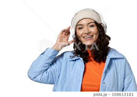 PNG of a girl in headphones isolated on a white background. 108613181