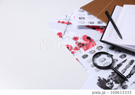 Books, magnifying glass with fingerprints on a white background Books, magnifying glass with fingerprints on a white background 108613333
