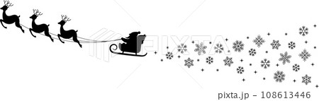サンタクロースをひくトナカイと雪の結晶のシルエット サンタクロースをひくトナカイと雪の結晶のシルエット 108613446