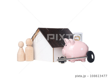 PNG, A toy wooden house with a key and a piggy bank, isolated on white background 108613477