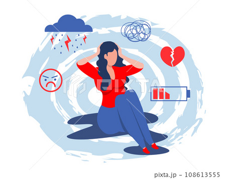 Depressed woman mental problems concept. girl suffering from mental health disorder with low battery, emotional burnout, frustration , depression and loneliness. Cartoon flat vector illustration Depressed woman mental problems concept. girl suffering from mental health disorder with low battery, emotional burnout, frustration , depression and loneliness. Cartoon flat vector illustration 108613555