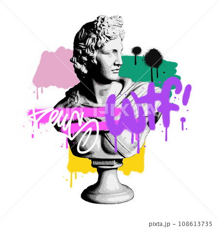 Urban neon urban graffiti print with halftone greek sculpture vandal concept. Hipster graphic vector isolated illustration for tee - t shirt and sweatshirt. 108613735