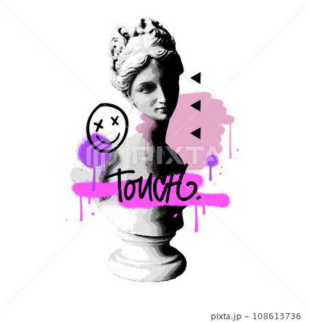 Urban street style vaporwave female Greek statue in halftone style with graffiti abstract shapes and typo print. Trendy pop art Graphic sculpture vector concept for tee - t shirt Urban street style vaporwave female Greek statue in halftone style with graffiti abstract shapes and typo print. Trendy pop art Graphic sculpture vector concept for tee - t shirt 108613736