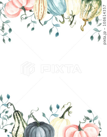 Watercolor square frame with autumn blue white, pink pumpkins. Floral arrangement with . Harvest Wreath. Hand drawn illustration. For invitation, design, textile, Watercolor square frame with autumn blue white, pink pumpkins. Floral arrangement with . Harvest Wreath. Hand drawn illustration. For invitation, design, textile, 108614357
