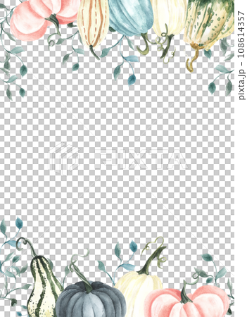 Watercolor square frame with autumn blue white, pink pumpkins. Floral arrangement with . Harvest Wreath. Hand drawn illustration. For invitation, design, textile, Watercolor square frame with autumn blue white, pink pumpkins. Floral arrangement with . Harvest Wreath. Hand drawn illustration. For invitation, design, textile, 108614357