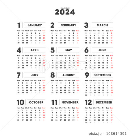 2024年のシンプルな年間カレンダー - 月曜始まり･12ヶ月･1年分の暦 - 正方形 108614391