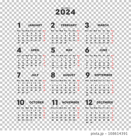 2024年のシンプルな年間カレンダー - 月曜始まり･12ヶ月･1年分の暦 - 正方形 108614391