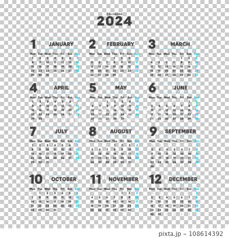 2024 年簡單年曆 - 從星期一開始，12 個月，1 年曆 - Square 108614392