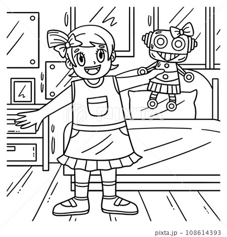 Girl with Robot Toy Coloring Page for Kids 108614393