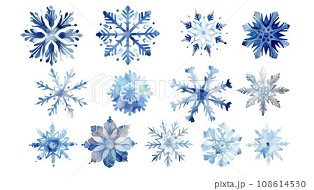 Watercolor blue snowflakes set isolated on white background. Watercolor blue snowflakes set isolated on white background. 108614530