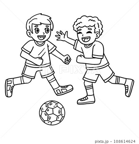 Kids Playing Soccer Isolated Coloring Page  108614624