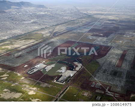 Texcoco lake ecological park mexico city aerial view landscape from airplane Texcoco lake ecological park mexico city aerial view landscape from airplane 108614975