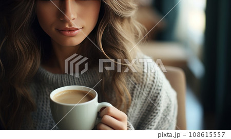 young woman in sweater holding cup of coffee  108615557