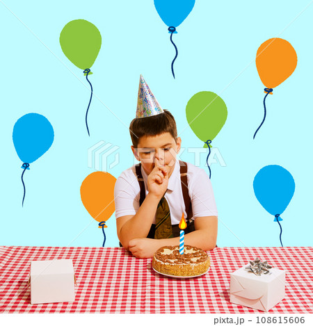 Poster. Contemporary art collage. Modern creative artwork. Little boring boy in a party hat sitting at the table with cake behind. Poster. Contemporary art collage. Modern creative artwork. Little boring boy in a party hat sitting at the table with cake behind. 108615606