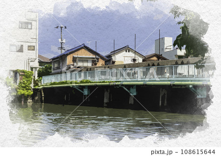 水彩画風　玉島港　溜川風景　ドラム缶橋　岡山県倉敷市 108615644