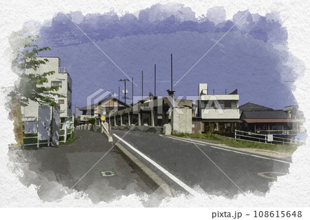 水彩画風　玉島港　溜川風景　ドラム缶橋　岡山県倉敷市 108615648