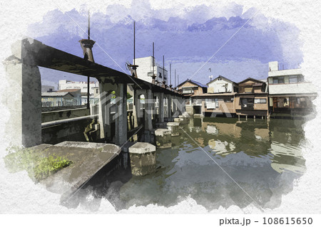 水彩画風　玉島港　溜川風景　ドラム缶橋　岡山県倉敷市 108615650