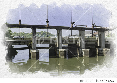 水彩画風　玉島港　溜川風景　ドラム缶橋　岡山県倉敷市 108615653