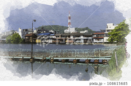 水彩画風 玉島港 溜川風景 ドラム缶橋 岡山県倉敷市 水彩画風 玉島港 溜川風景 ドラム缶橋 岡山県倉敷市 108615685