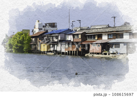 水彩画風 玉島港 溜川風景 岡山県倉敷市 水彩画風 玉島港 溜川風景 岡山県倉敷市 108615697