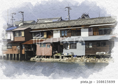 水彩画風 玉島港 溜川風景 岡山県倉敷市 水彩画風 玉島港 溜川風景 岡山県倉敷市 108615699