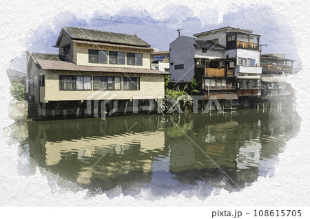 水彩画風　玉島港　溜川風景　岡山県倉敷市 108615705