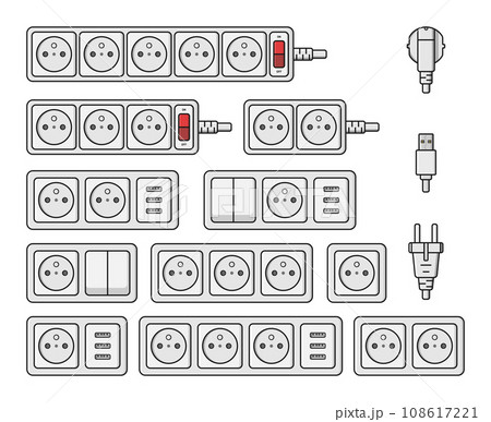 power outlet plug extension strip switch french type e set vector flat illustration 108617221