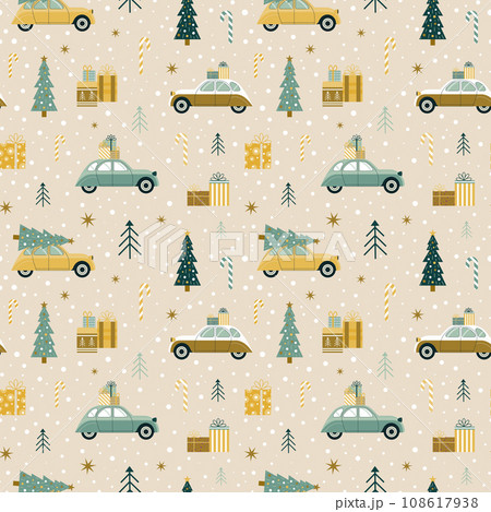 Christmas Pattern with Cars Carrying Cristmas Tree 108617938