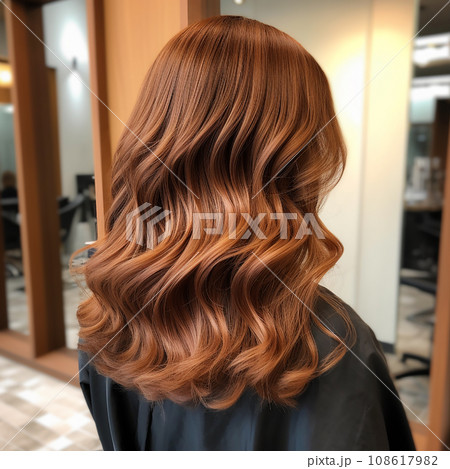 Texture of curly beautiful hair in chestnut brown color, close-up, for advertising hair salons Texture of curly beautiful hair in chestnut brown color, close-up, for advertising hair salons 108617982