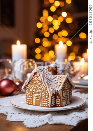 Gingerbread house on table. Defocused lights of Christmas garland. Evening in the living room. Holiday mood. Gingerbread house on table. Defocused lights of Christmas garland. Evening in the living room. Holiday mood. 108618004