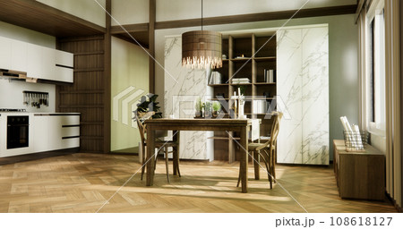 dinner room japanese style with long table and wooden chairs in room japandi. 108618127