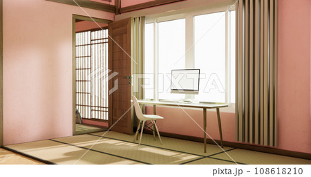 dinner room japanese style with long table and wooden chairs in room japandi. 108618210