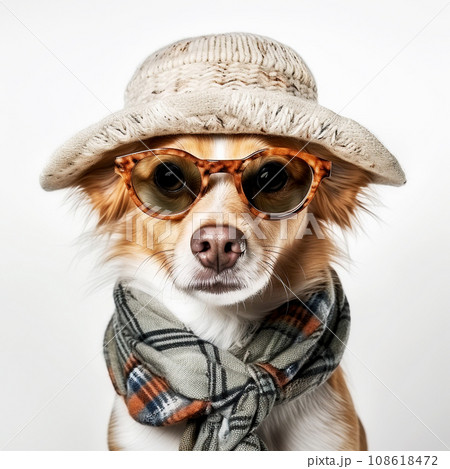 Portrait of a cute dog wearing a hat and glasses. 108618472