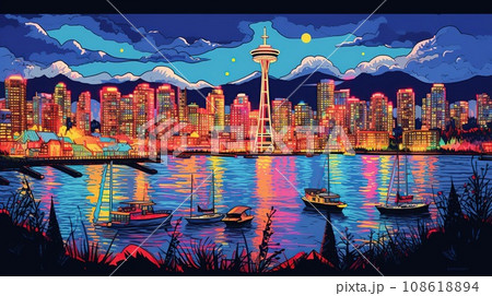 Postcard with night Vancouver, neon style. 108618894