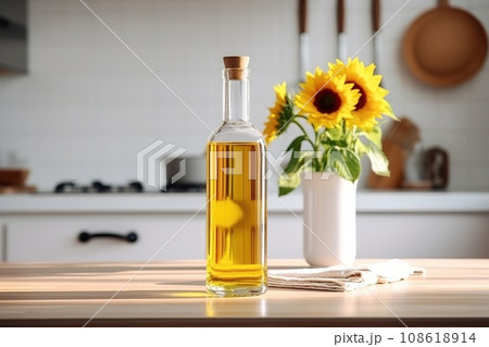 Organic sunflower oil in a small glass jar with sunflower fresh flowers on the table 108618914