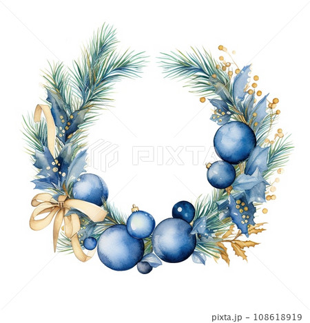 Blue Christmas wreath of blue balls, gold and spruce branches. Watercolor illustration 108618919