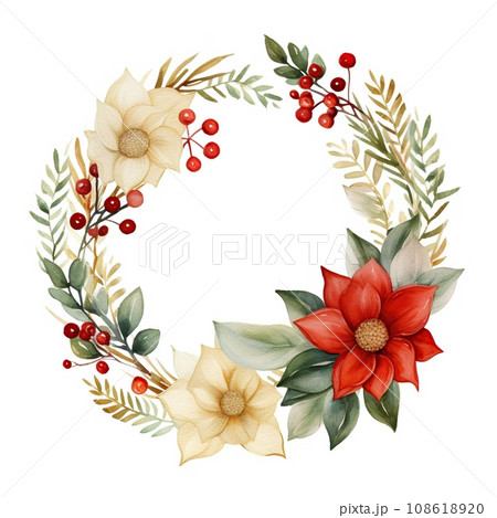 Christmas wreath of red and white poinsettia and leaves. Watercolor illustration Christmas wreath of red and white poinsettia and leaves. Watercolor illustration 108618920