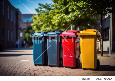 Colored garbage cans for sorting garbage. Generative AI 108619592