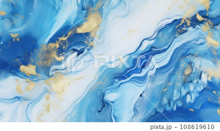 Abstract marbled background. Luxurious elegant blue and white marble stone texture, with gold details. 108619610