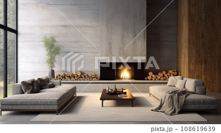Minimalist interior style of modern living room with sofa, fireplace and concrete walls 108619639