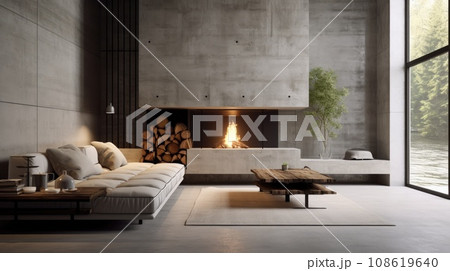 Minimalist interior style of modern living room with sofa, fireplace and concrete walls 108619640