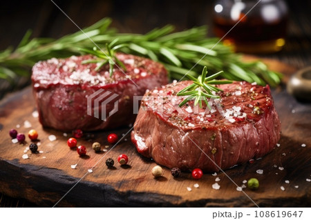 Beef fillet steaks with spices on wooden background 108619647