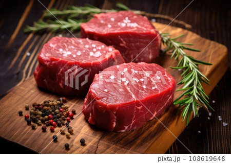 Raw beef fillet steaks with spices on wooden background 108619648