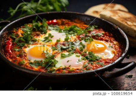 Traditional shakshuka with eggs, tomato and parsley in a iron pan. Israeli food Traditional shakshuka with eggs, tomato and parsley in a iron pan. Israeli food 108619654