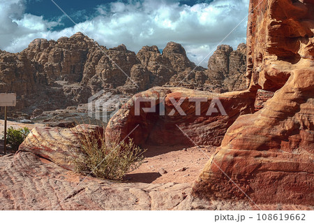Close-up view of the sandstone rocks during the day in the Siq Gorge, Petra, Jordan 108619662