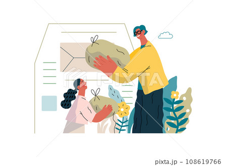 Mutual Support Giving clothes to donation bins -modern flat vector concept illustration of people placing bags of clothes into drop-off box A metaphor of voluntary, collaborative exchanges of resource 108619766