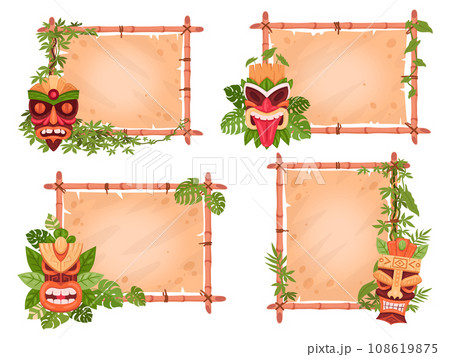Cartoon bamboo frames with tiki totems. Hawaiian and african aboriginal totems on sign boards, bamboo frames with wooden tribal statues flat vector illustration set. Indigenous totem signs 108619875