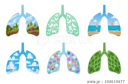 Cartoon clean lungs. Human healthy lungs, green planet lungs metaphor. Environment care concept flat vector illustration 108619877